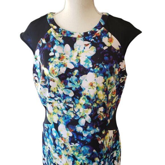 Worthington Abstract Floral Print Mesh Cap Sleeves Sheath Dress Sz 12 - Picture 4 of 15
